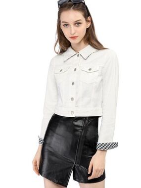 Allegra K solid cropped plaid cuffs, Jean jacket